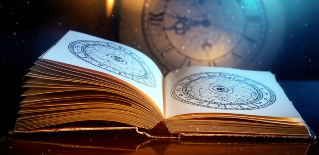 Открытый старинный гримуар совпадение чисел на часах с толкованиями и светящимся циферблатом.