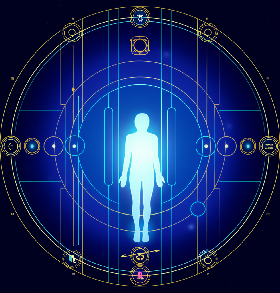 Символическое изображение, где гуманистическая астрология представлена в виде светящегося силуэта человека в центре космических орбит.