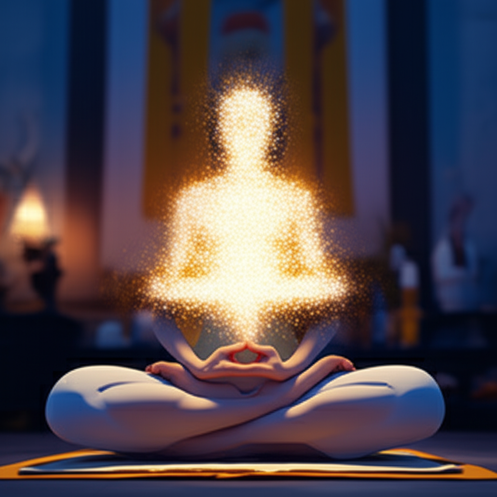Практикующий выполняет гуру йога, медитируя на светящийся образ учителя