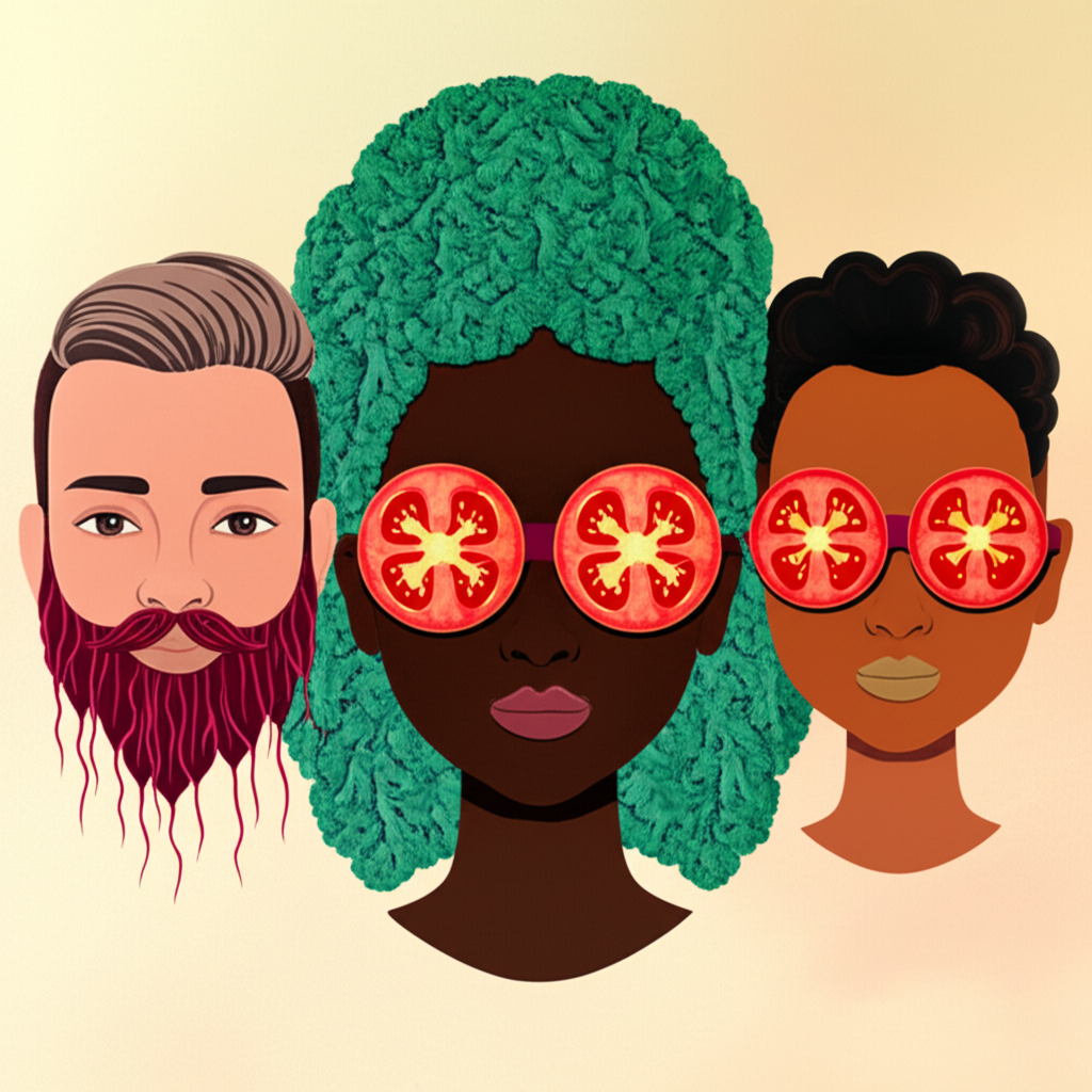 Стилизованные портреты людей, чьи черты лица отражают их характер по овощам.