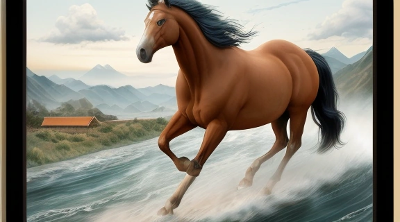 Динамичное изображение величественной лошади, символизирующее энергичный характер родившихся в год Лошади, на фоне смешанного ландшафта, сочетающего природу и городские элементы.