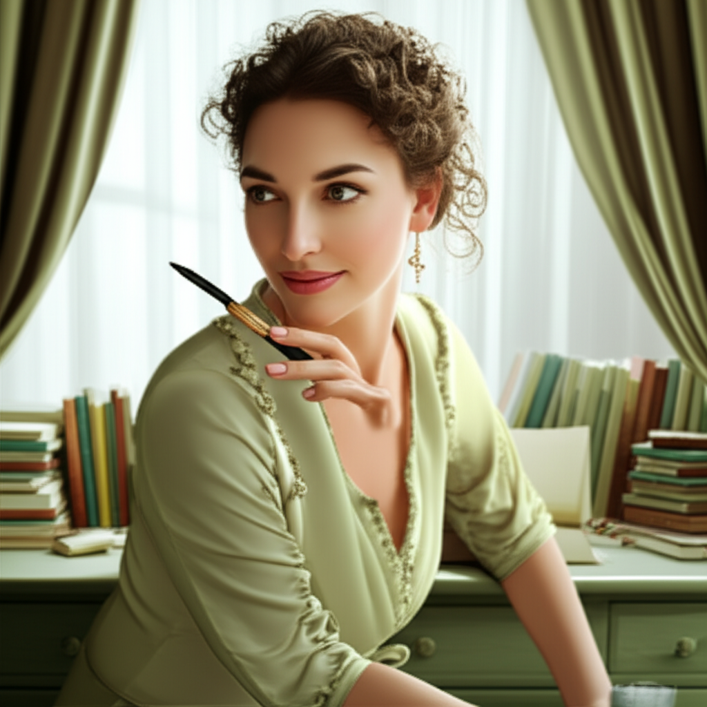 Портрет утонченной Девы женщины, погруженной в размышления, окруженной книгами в идеальном порядке.