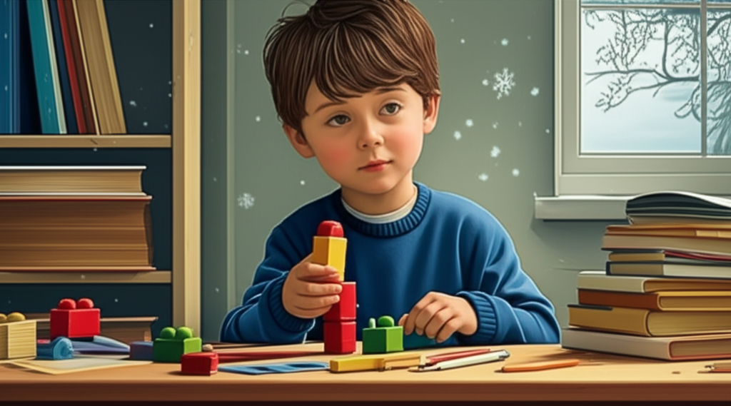 Задумчивый ребенок Козерог тщательно собирает конструктор, демонстрируя усидчивость и серьезность.