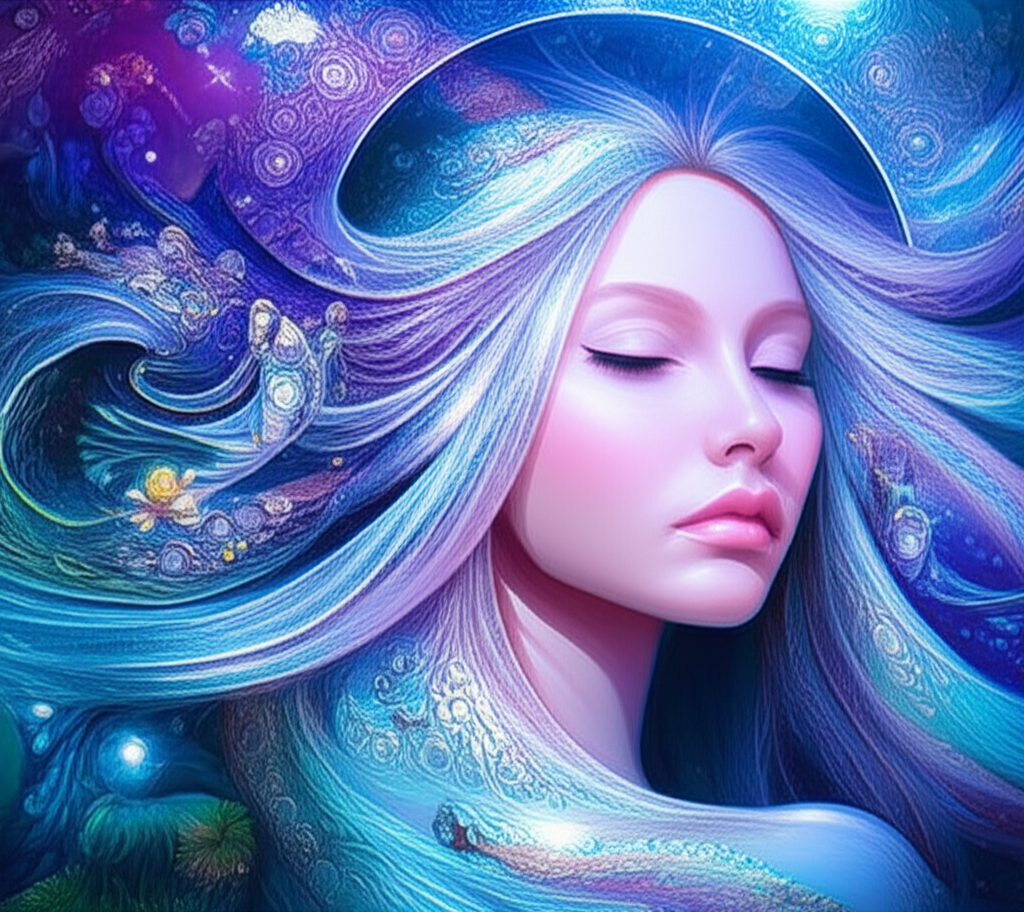 Изображение, символизирующее характеристики знака зодиака Рыбы творчество, с элементами воды, мечтательности и искусства в нежных синих и фиолетовых тонах.