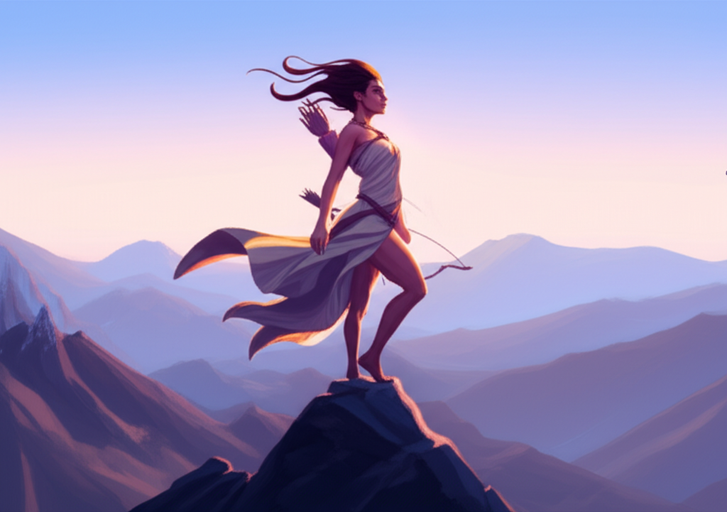 Изображение женщины-Стрельца, символизирующее характеристики знака зодиака Стрелец женщина независимость, стоящей на вершине горы, смотрящей вдаль.