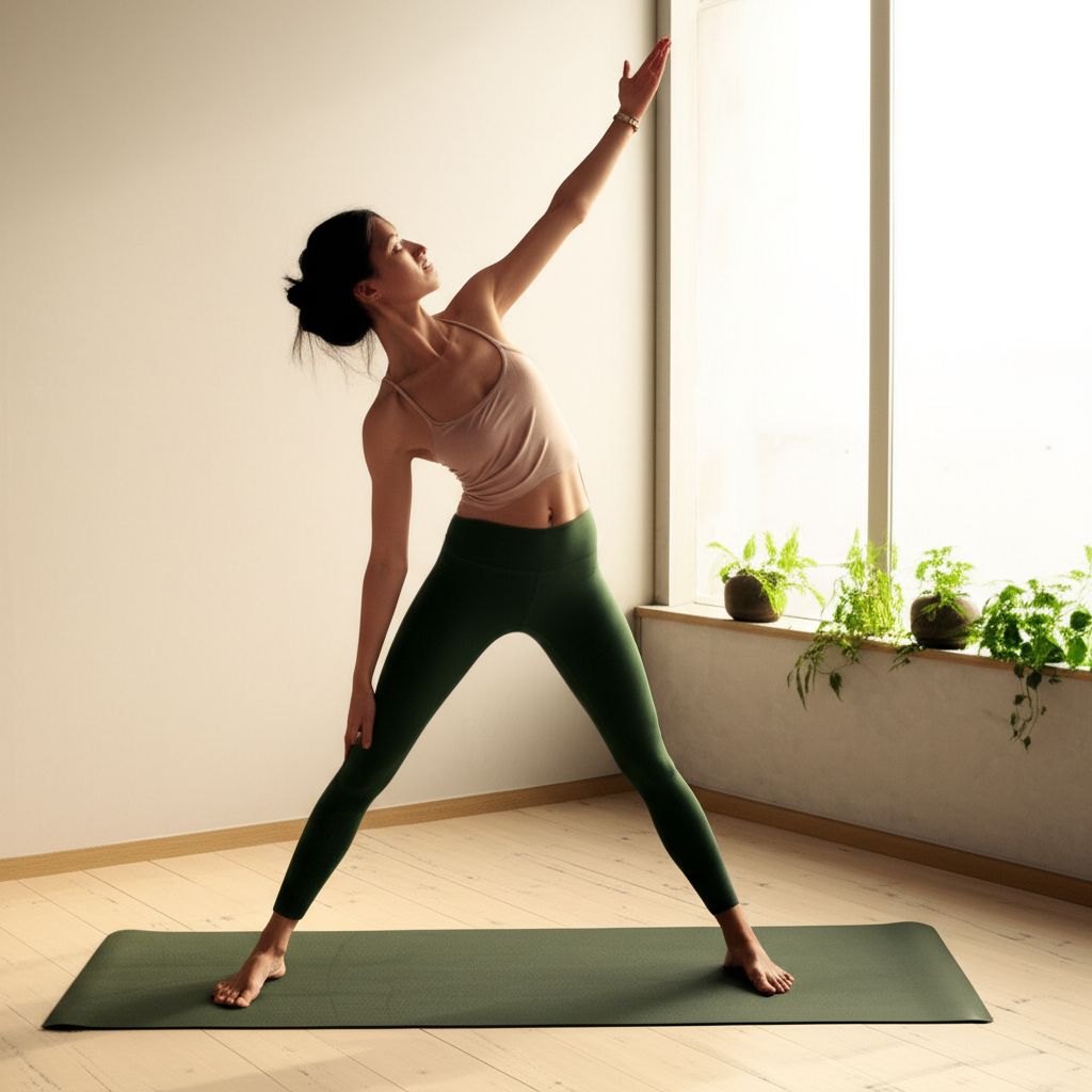 Спокойная и сфокусированная практика Хатха йога в светлой студии.