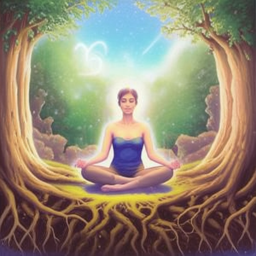 Человек медитирует в окружении природы, символизируя глубокое хирон в 6 доме исцеление и связь с собой.