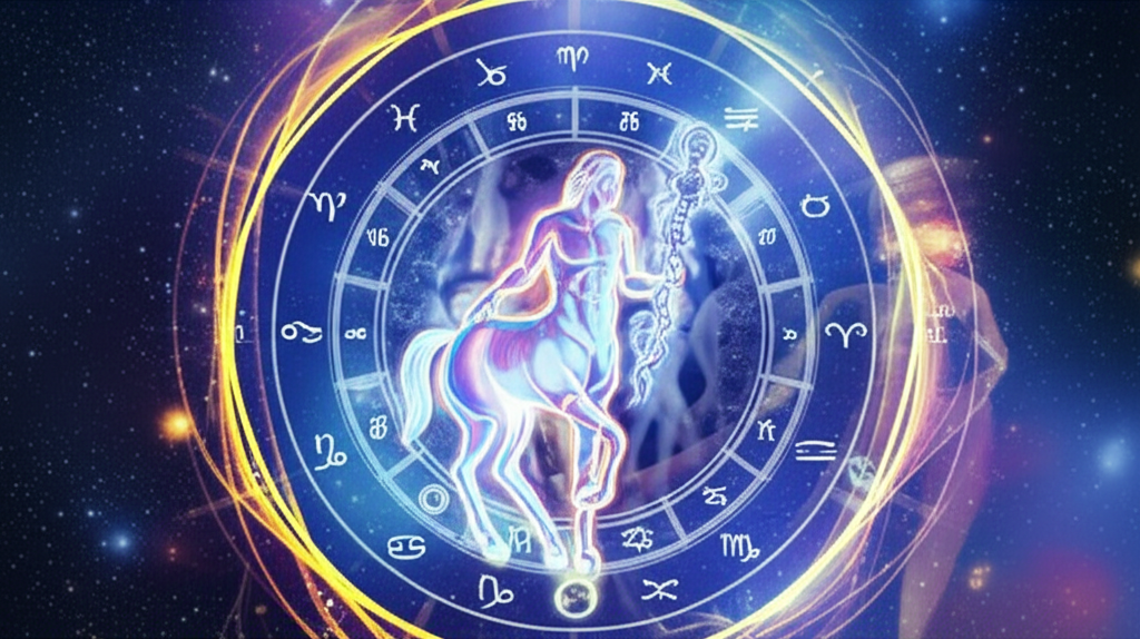 Изображение символизирует глубокое **влияние Хирон в астрологии на раны души**, показывая мифического кентавра с сияющей, но исцеляющей раной, окруженного космическими элементами, что отражает процесс трансформации боли в мудрость и сострадание.