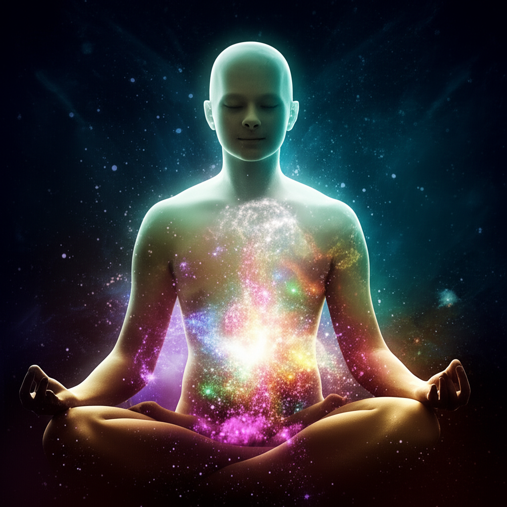 Человек, практикующий холотропное дыхание и погруженный в глубокое медитативное состояние.