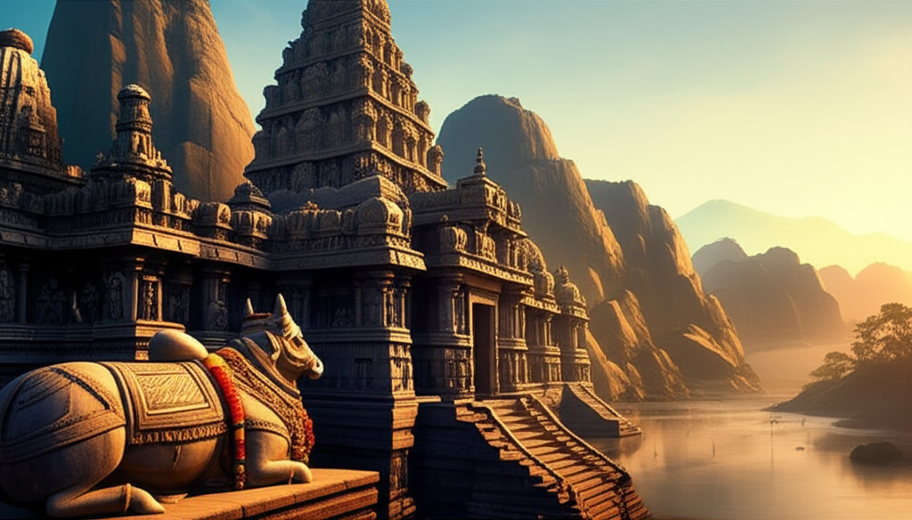 Древний храм шри шивы с высокой башней гопурам и статуей быка Нанди на рассвете.