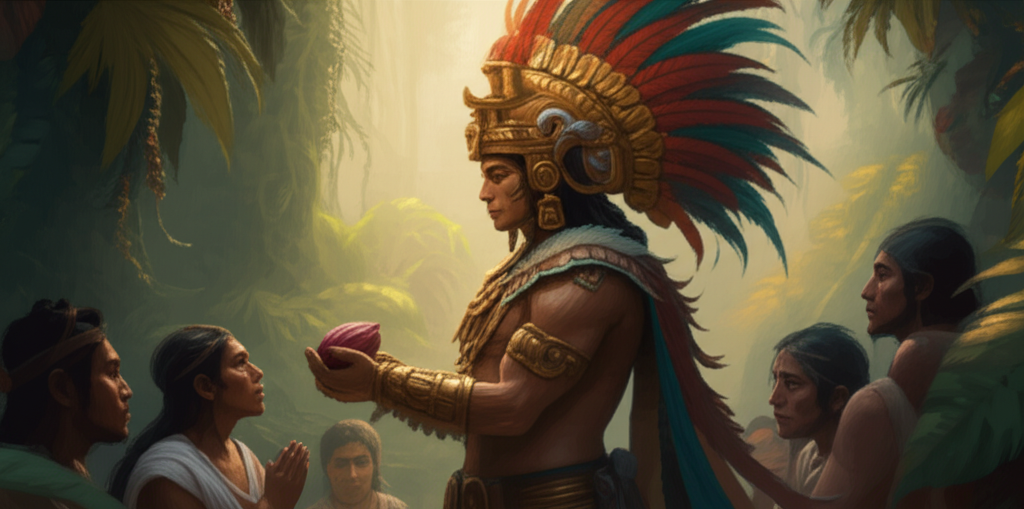 Древняя индейская легенда о шоколаде, изображающая бога Кетцалькоатля, дарующего какао-бобы людям.