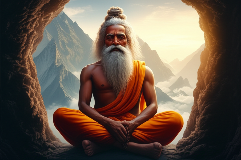 Мудрые индийские йоги в глубокой медитации в пещере на фоне гималайских гор.