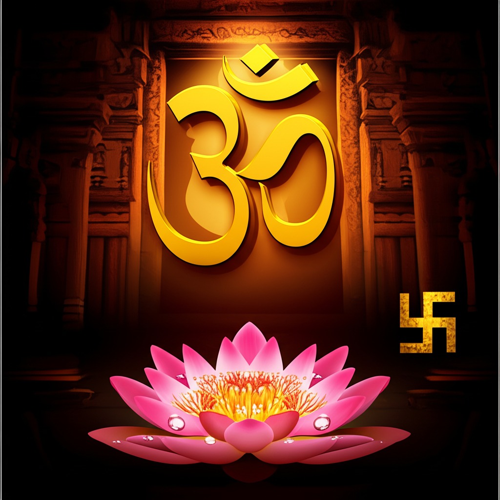 Священные индийские знаки Ом и лотос, изображенные в мистической атмосфере древнего храма.