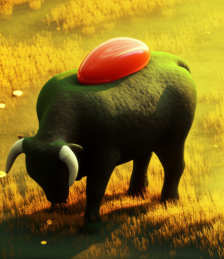 Ингрессия Марса в Тельца как привлечь деньги: символ земного быка с сияющим красным камнем на спине в поле с золотыми монетами.