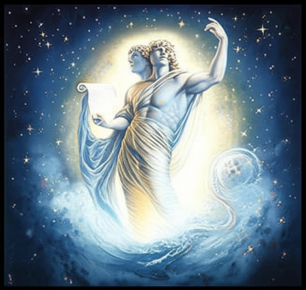 Мистическое изображение, символизирующее Близнецы в астрологии: две эфирные фигуры, окруженные воздушными потоками и звездными узорами, олицетворяющие дуальность, интеллект и коммуникацию.