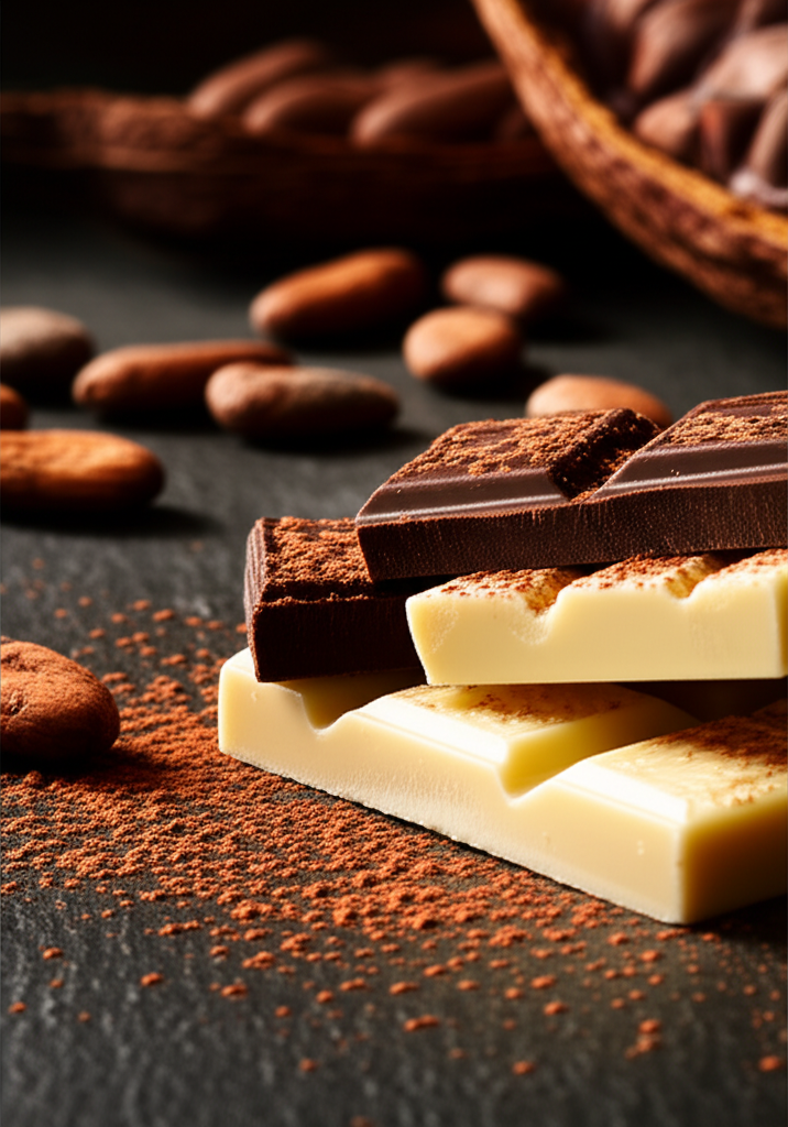 Интересные факты о шоколаде: кусочки темного и молочного десерта с какао-бобами.