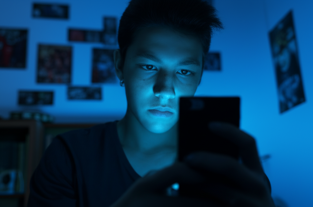 Подросток сидит в темной комнате, освещенный экраном смартфона, иллюстрируя проблему интернет зависимость подростков.