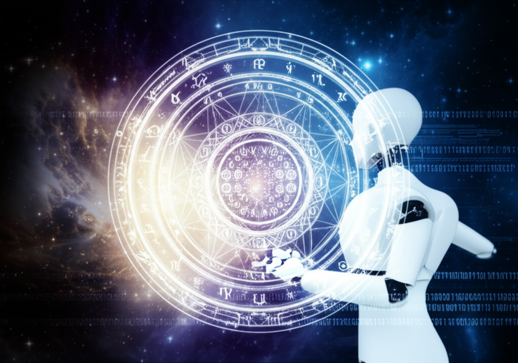 Искусственный интеллект и астрология: нейросеть анализирует натальную карту на фоне космоса.