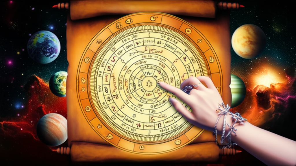 Изображение детальной астрологической карты (космограммы) с символами планет и знаков зодиака, которую изучает рука, указывающая на важный аспект.