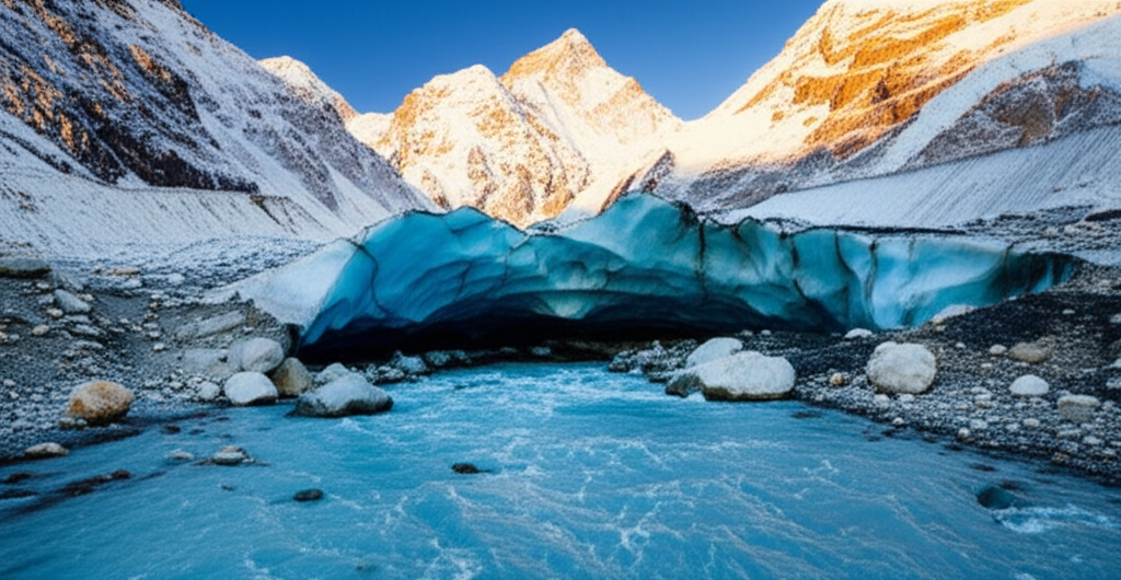Ледяная пещера Гомукх, где находятся священные истоки Ганги в гималайских горах.
