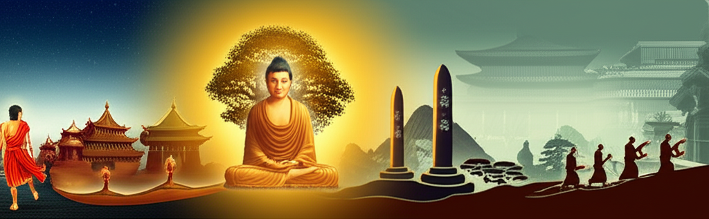 Подробная иллюстрация, показывающая ключевые этапы, которые включает история буддизма: от Просветления Будды до его распространения по миру.