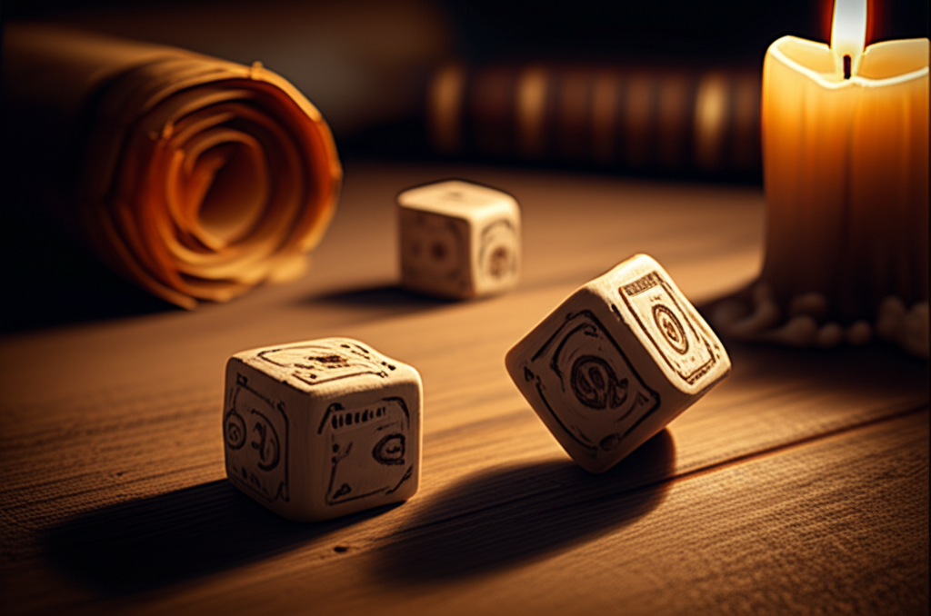 Древние игральные кости на деревянном столе, детально раскрывающие тему история гадания на игральных костях.