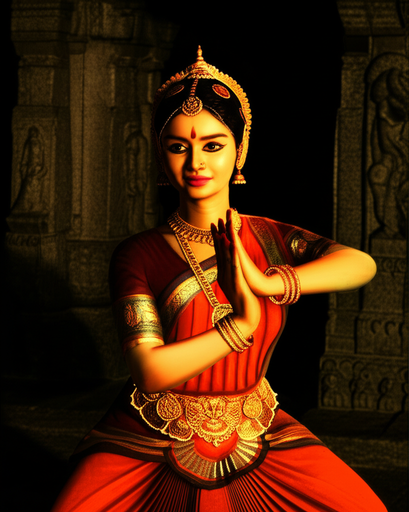 История индийского танца, изображенная через грациозную позу классической исполнительницы.