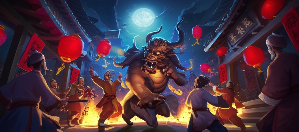 Древняя история китайского нового года: мифическое чудовище Нянь и жители с красными фонарями.