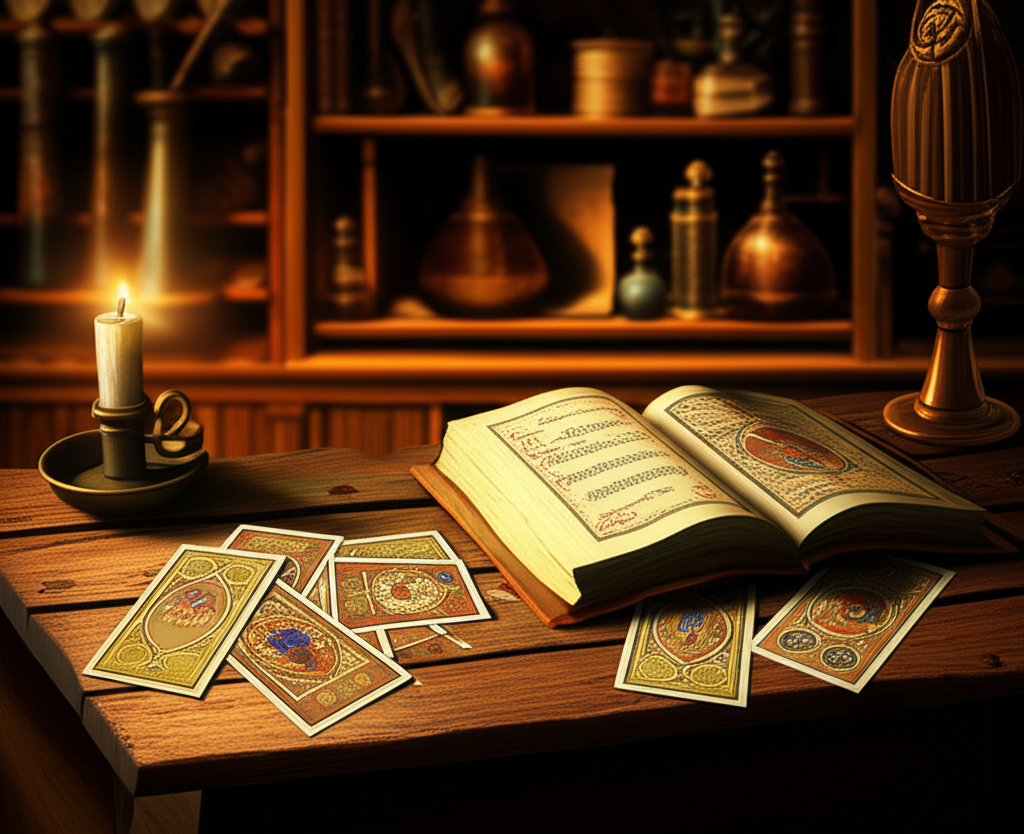 Захватывающая история таро, показанная через изображение старинных карт на столе ученого эпохи Ренессанса.
