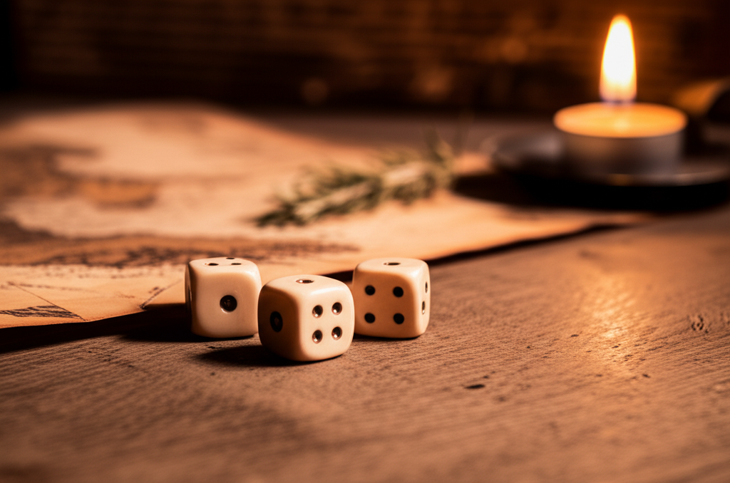 Старинные кубики и карта на столе, где происходит итальянское гадание на игральных костях.