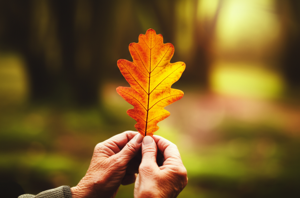 Итальянское гадание по листве: руки держат осенний лист дуба для толкования знаков.