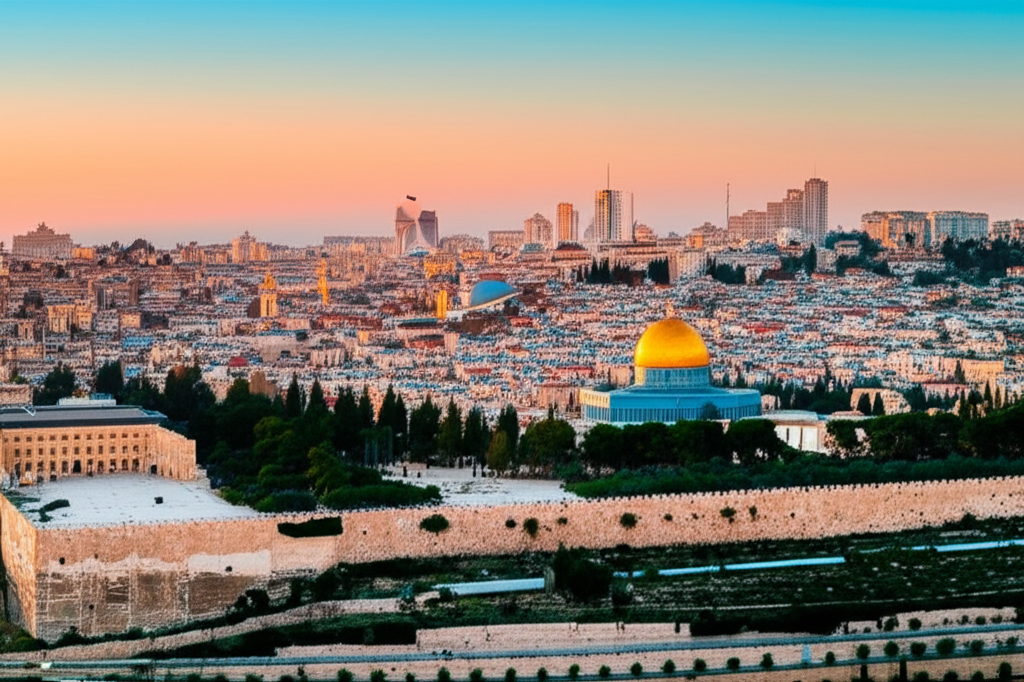 Панорамный вид на Иерусалим, где находится Израиль святая земля, освещенный лучами восходящего солнца.