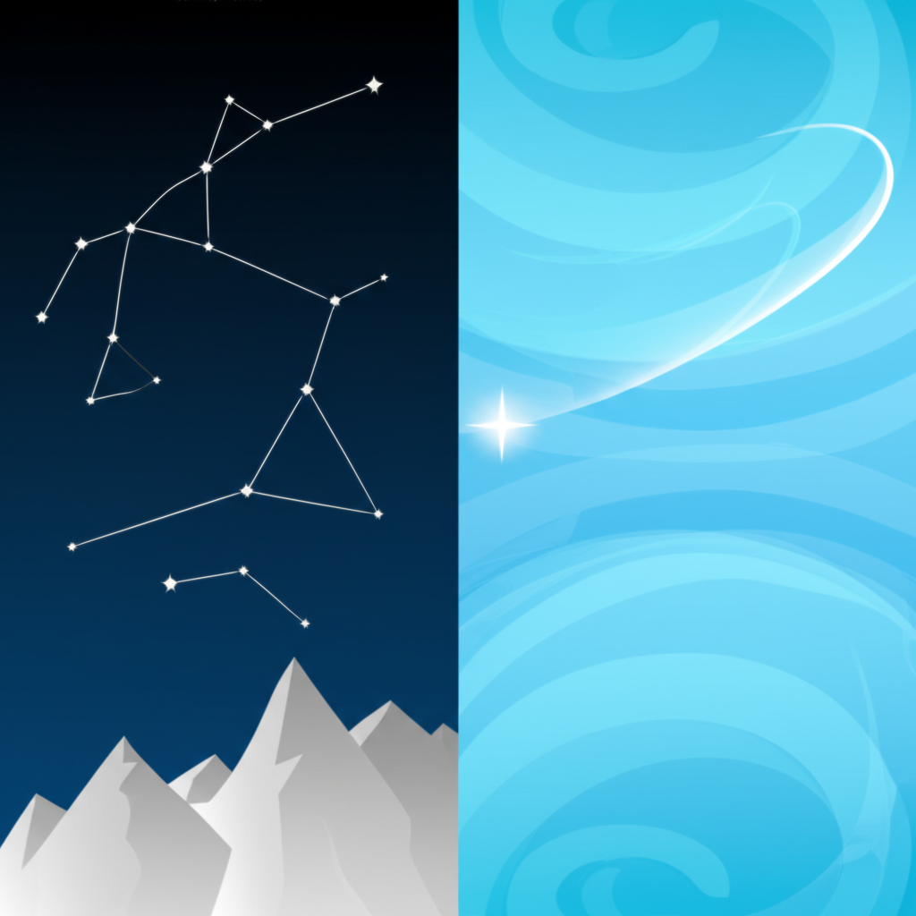 Стилизованное изображение, где представлен январь знак зодиака: символы Козерога и Водолея на фоне звездного неба.