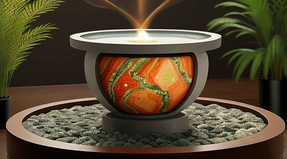 Яшма фэн шуй талисман различных цветов, расположенный на деревянной поверхности среди элементов, символизирующих гармонию и процветание.