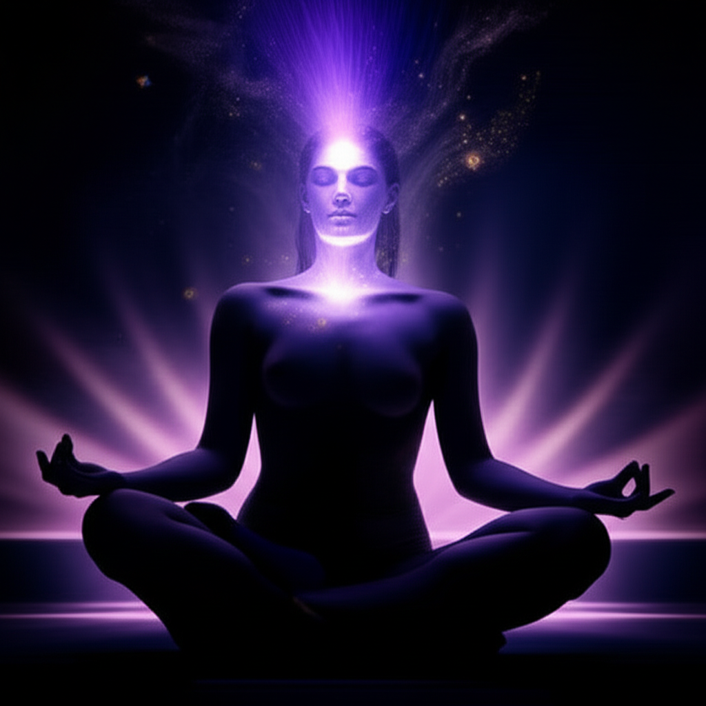 Человек медитирует, размышляя о том, ясновидение дар или приобретение, и из его лба исходит свет.