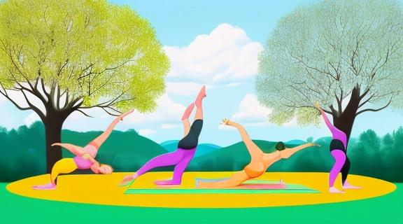 Группа радостных детей занимается йогой для детей на свежем воздухе в солнечном парке.