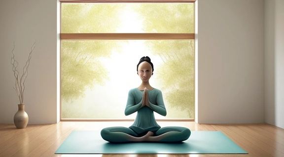 Изображение демонстрирует женщину, выполняющую позу дерева, символизирующую йога гармония тела и духа на фоне спокойного интерьера.