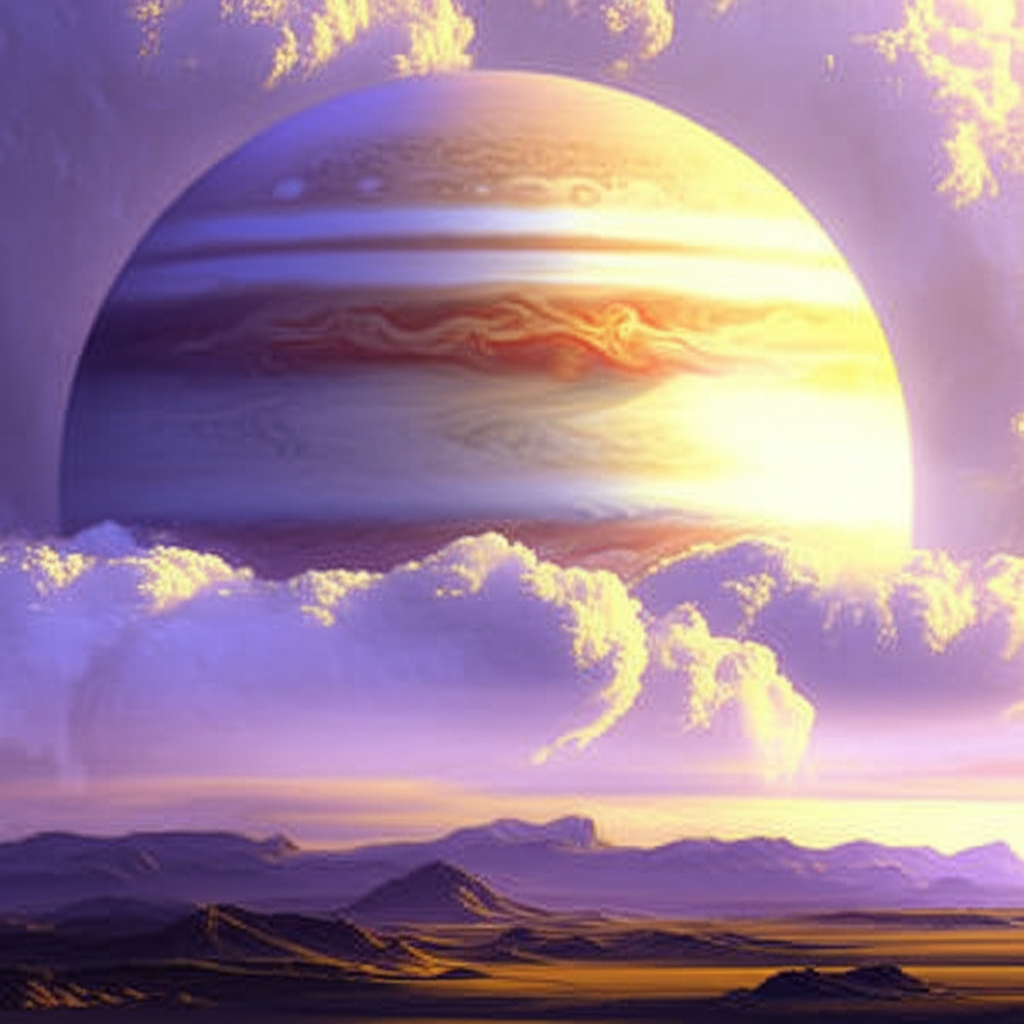 Визуализация Юпитера как правителя Стрельца, с его символами, излучающего мудрость и расширение над земными горизонтами.