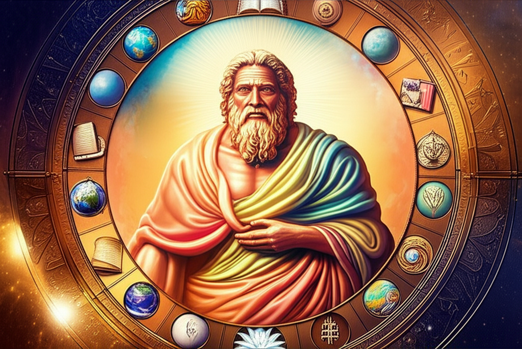 Изображение Юпитера, окруженного символами высших знаний и путешествий, демонстрирующее его Юпитер в 9 доме влияние на судьбу человека.