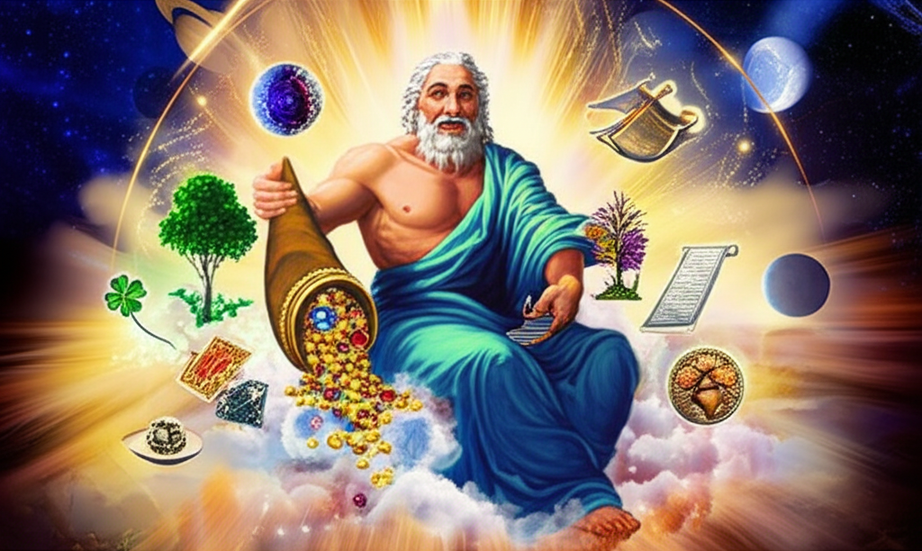 Величественный Юпитер, источающий свет и изобилие, символизирующий влияние Юпитера в астрологии на удачу и процветание.