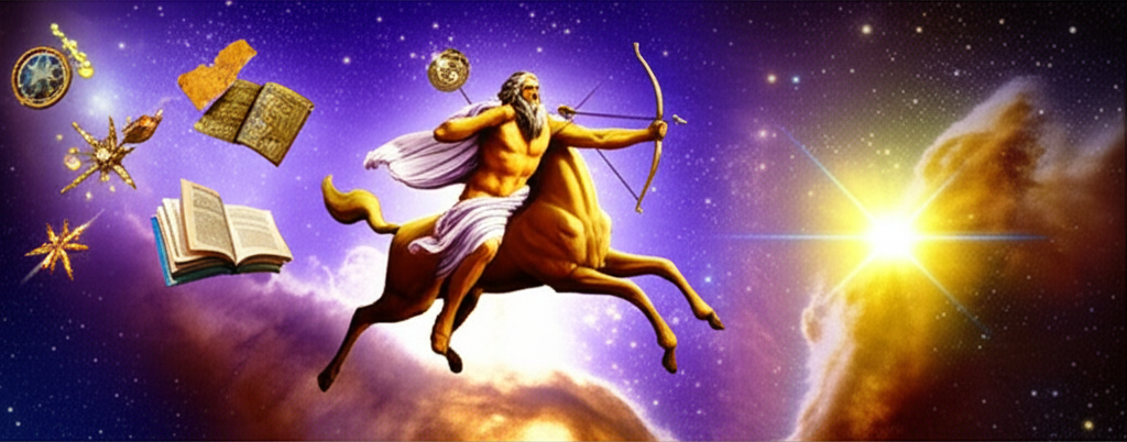 Величественный Юпитер на Стрельце в космосе, символизирующий значение Юпитера в натальной карте в Стрельце и его стремление к мудрости и приключениям.
