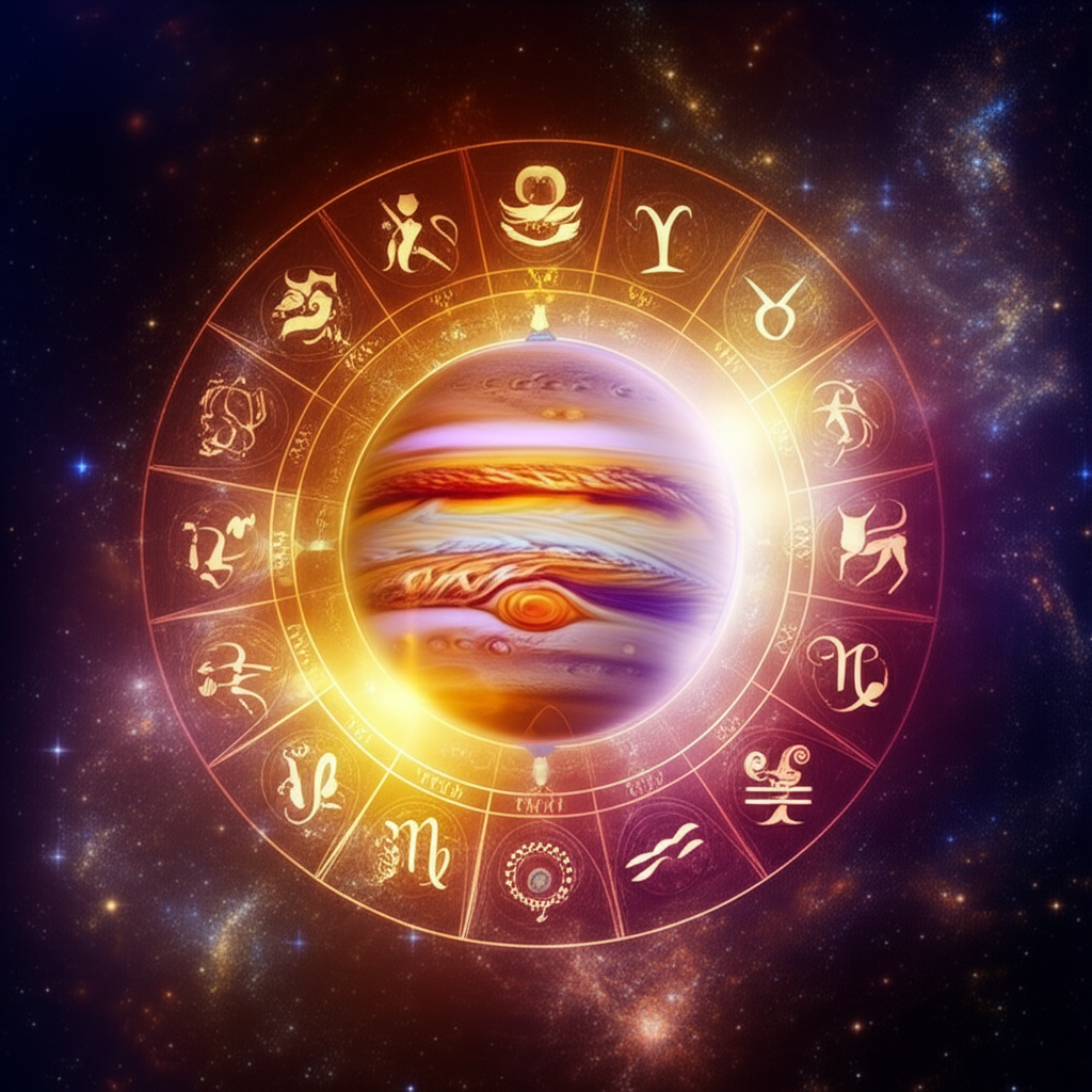 Иллюстрация, изображающая планету Юпитер в окружении двенадцати знаков зодиака, символизирующая влияние Юпитера в знаках зодиака на человеческую судьбу и мировоззрение.