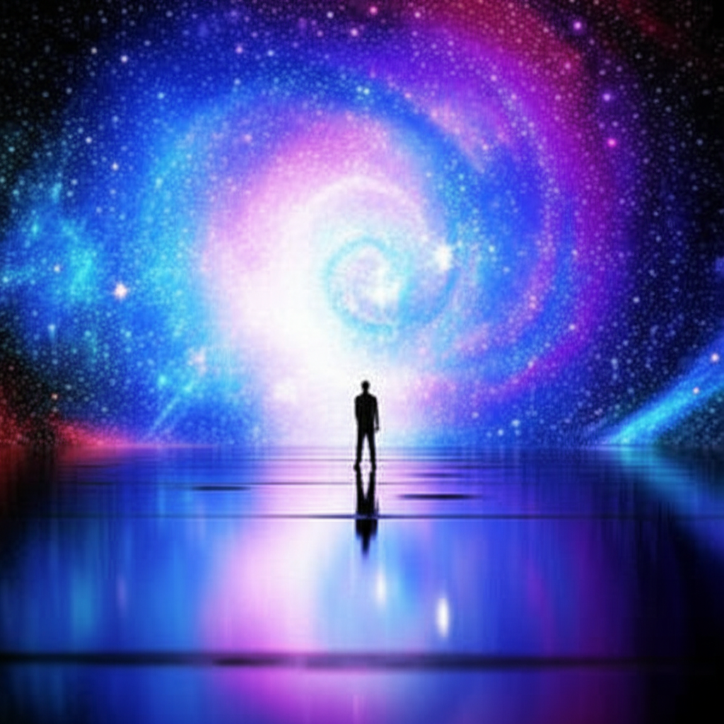 Символическое изображение того, к чему снится вода: человек стоит на зеркальной водной глади, отражающей космос.