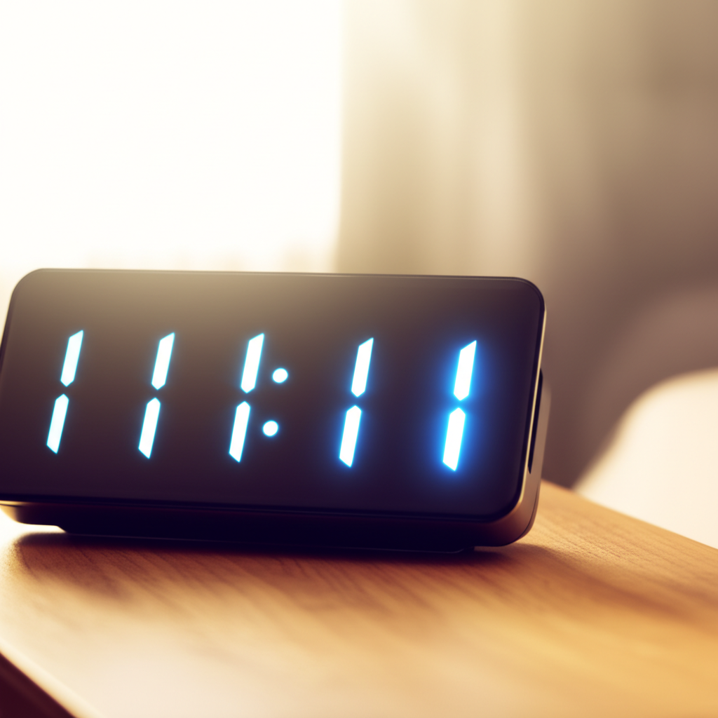Циферблат электронных часов показывает 11:11, иллюстрируя, к чему видеть одинаковое время на часах.
