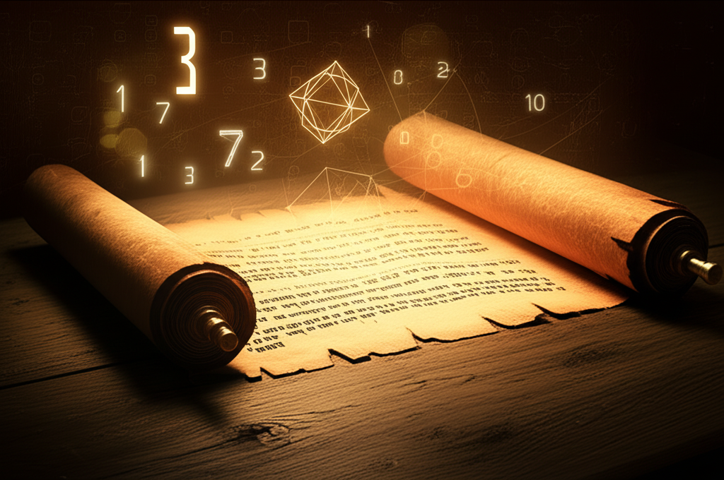 Древний свиток со светящимися буквами и цифрами, раскрывающий суть учения каббала чисел.