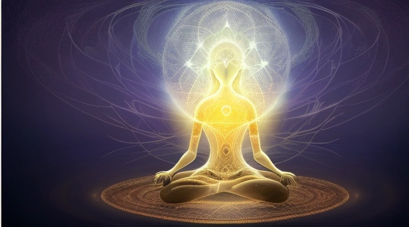 Изображение медитирующей фигуры, символизирующей Каббала постижение духовного мира через Древо Жизни и четыре уровня мироздания.