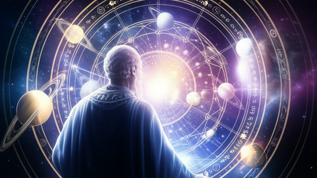 Изображение астролога, изучающего натальную карту и звездное небо, демонстрирующее, как анализировать транзиты в астрологии для понимания космических влияний.