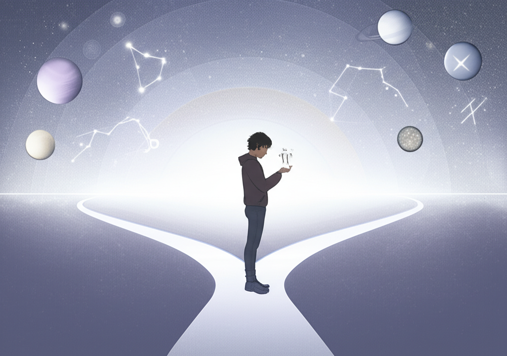 Иллюстрация, показывающая человека на перепутье, над которым парят небесные светила, символизируя, как астрология влияет на решения и выбор жизненного пути.
