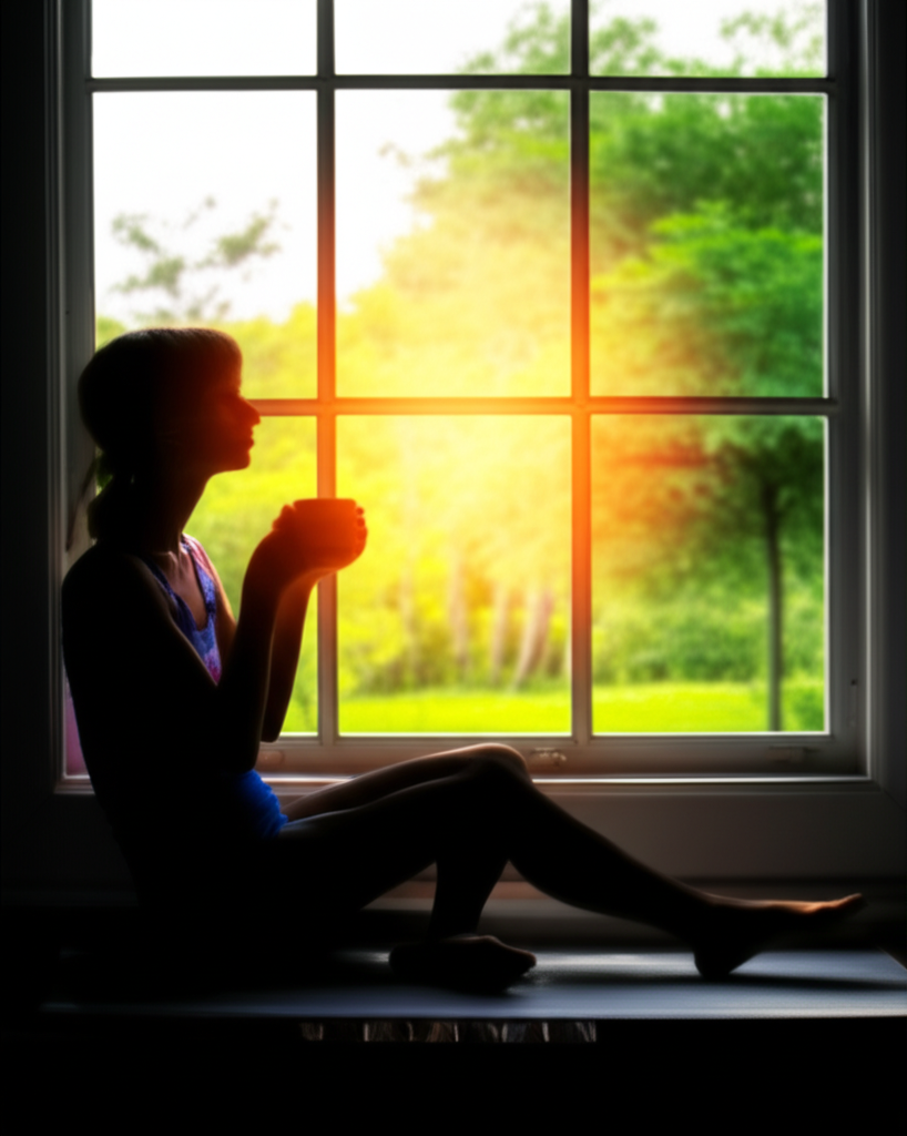 Символическое изображение того, как бороться с депрессией: человек с чашкой у освещенного солнцем окна.