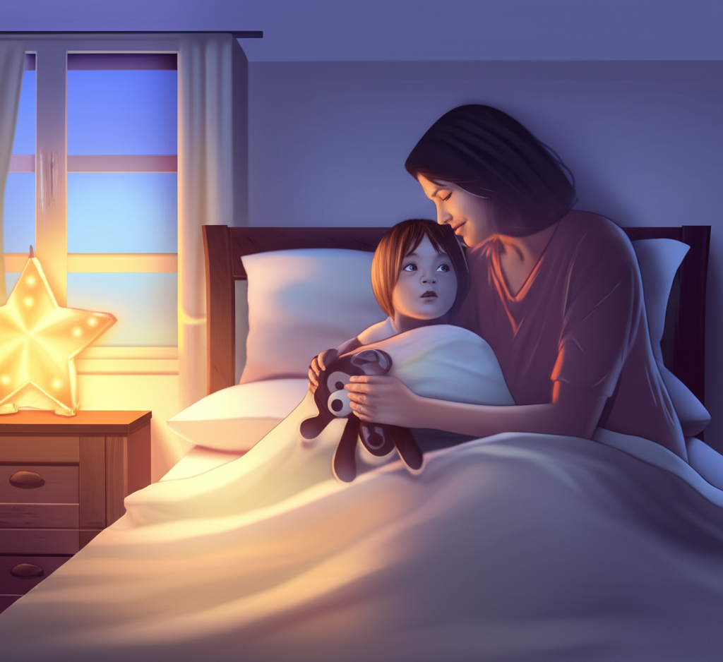 Заботливая мама объясняет ребенку, как бороться с детскими страхами, сидя у его кровати.